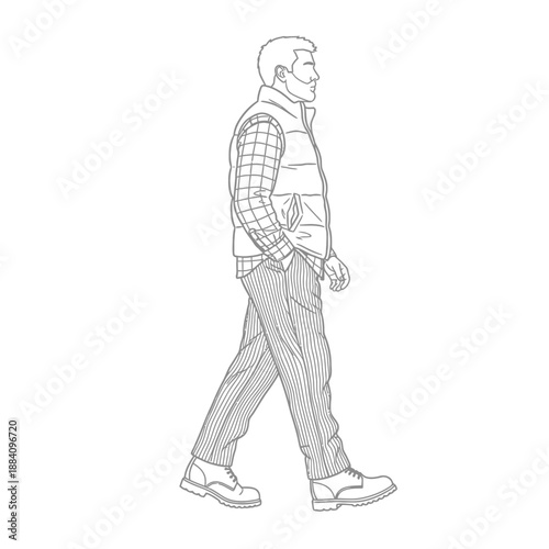 Man Walking Confidently in Casual Outdoor Attire.