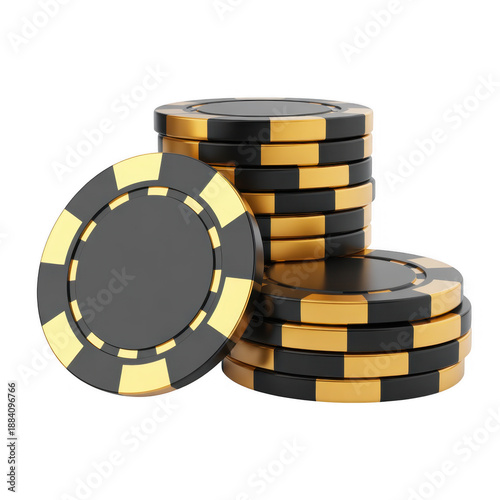Stack of black and gold poker chips gambling chips isolated on a transparent background