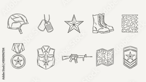 Collection of military icons including helmet, dog tags, boots, rifle, and medal