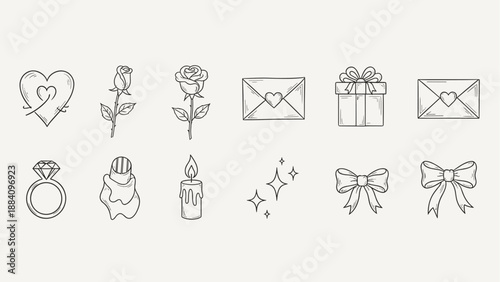 Collection of hand-drawn romantic icons including hearts, roses, gifts, and rings