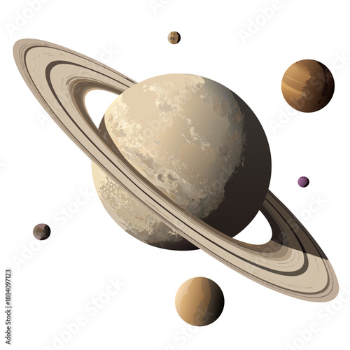 Planet Saturn in space with several moons and stars on transparent background. A cosmic and astronomy vector illustration perfect for design projects, educational materials, or a space-themed.