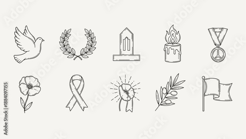 Collection of memorial and remembrance symbols in a simple line art style