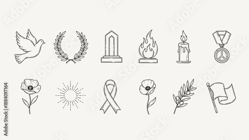Collection of memorial and remembrance symbols in a minimalist line art style