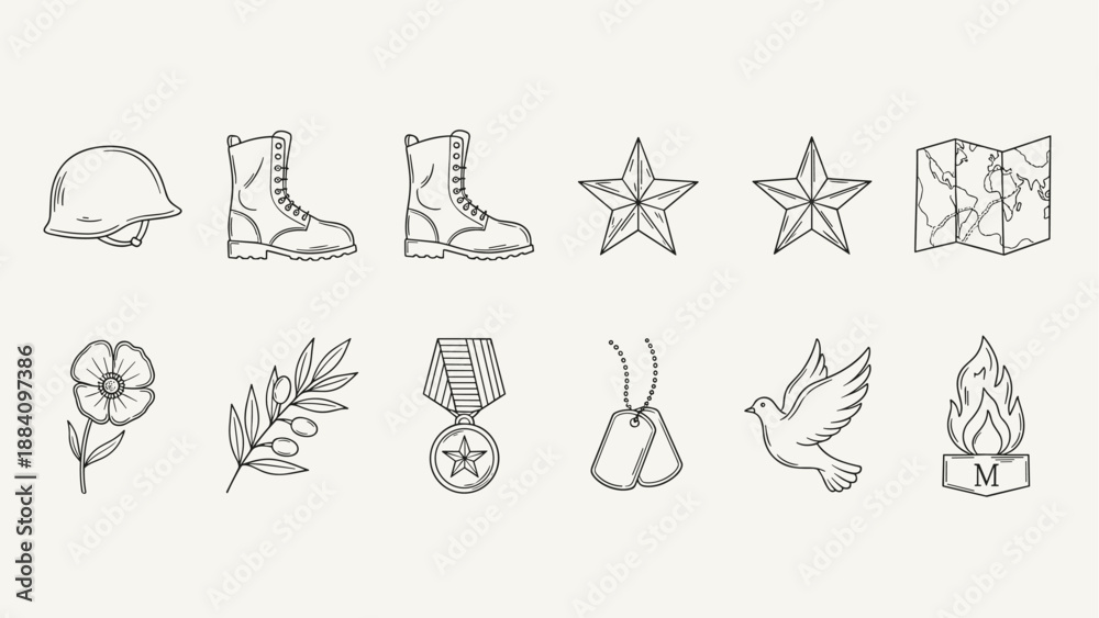 Fototapeta premium Collection of military and remembrance icons including helmet, boots, medals, and symbols of peace