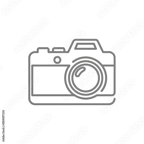 Simple line art camera icon on white background. Minimalist photography symbol.