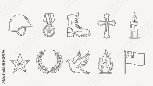 Collection of hand-drawn icons representing military service, remembrance, and peace