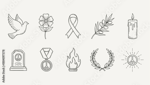 Collection of peace symbols and memorial icons in a hand-drawn sketch style