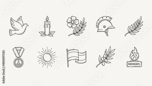 Collection of memorial and remembrance icons including dove, candle, laurel, and helmet