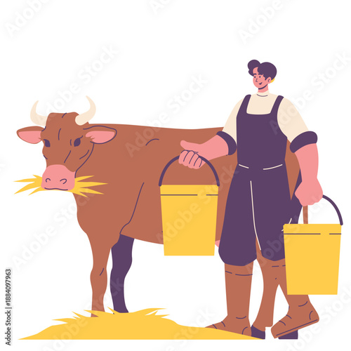 dairy farm activity farmer milking cow illustration
