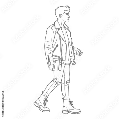 Stylish Young Man in Leather Jacket and Boots Walking Confidently.
