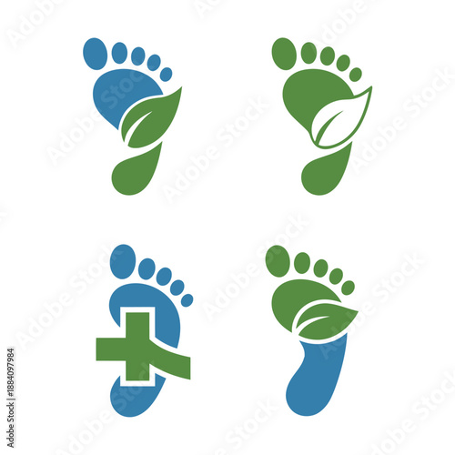 Eco friendly footprints with leaves and a medical cross symbol icon