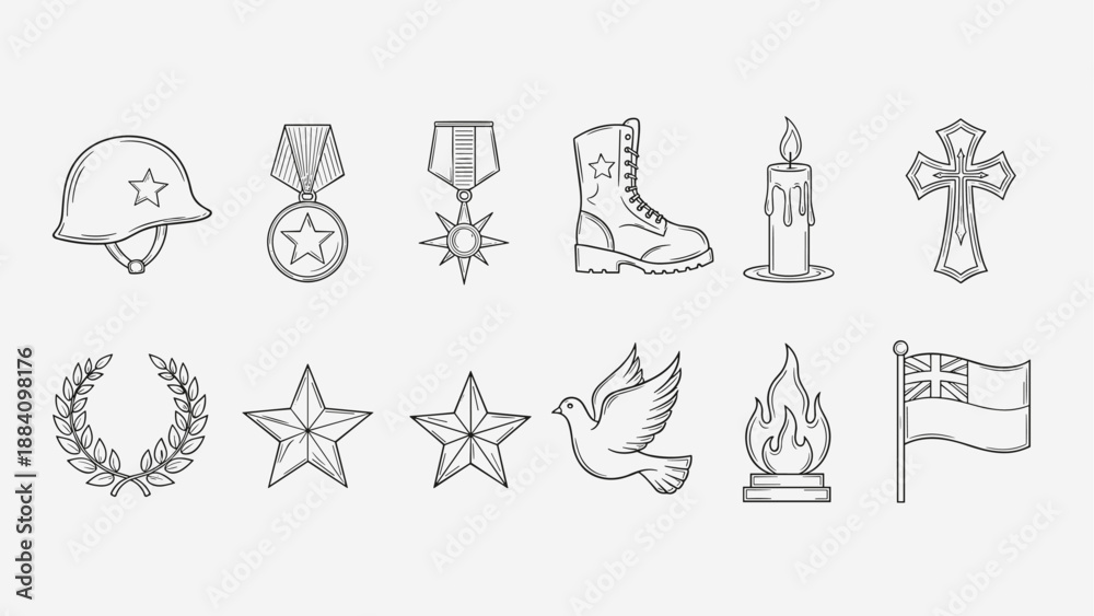 Obraz premium Collection of military and memorial symbols in a clean line art style