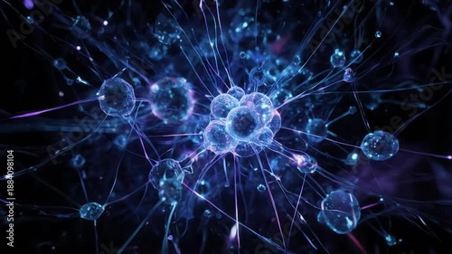 A glowing blue neuron cell with vibrant connections and smaller cells in the background, illustrating a neural network on a dark backdrop for medical or sci-fi educational use
