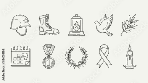 Collection of symbols representing remembrance, honor, and peace in a simple line art style