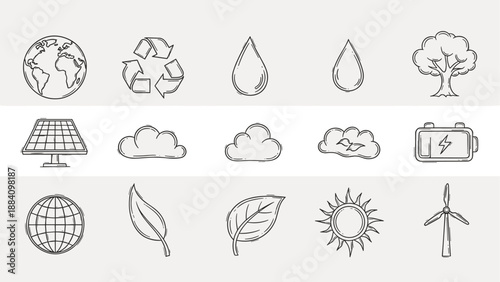 Collection of hand-drawn icons representing environmental protection and renewable energy sources