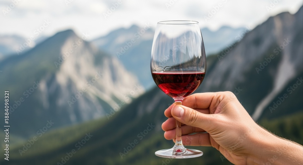 Fototapeta premium Elegant Red Wine Glass Held Aloft Against Stunning Mountain Vista Backdrop for Sophisticated Brand Appeal