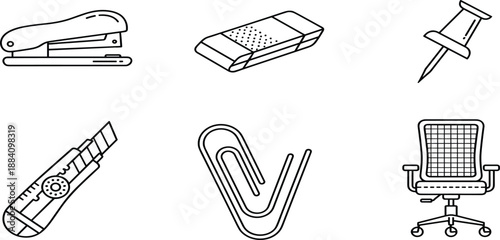 Office supply and stationary line icons set including stapler, eraser, push pin, paper cutter, large paperclip, and swivel office chair.