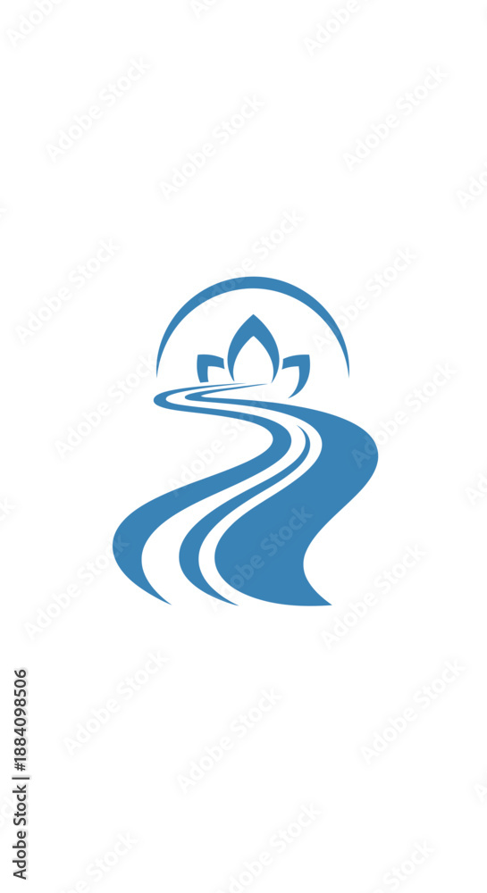 Naklejka premium Serene Blue Stylized River Flowing with a Lotus Flower Symbol on Isolated White Background