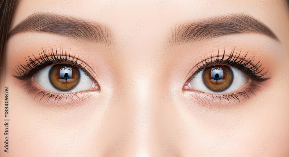 Naklejka premium Extreme close-up of a woman's beautiful brown eyes with perfect makeup, long lashes, and defined eyebrows, showcasing detailed beauty and precision.