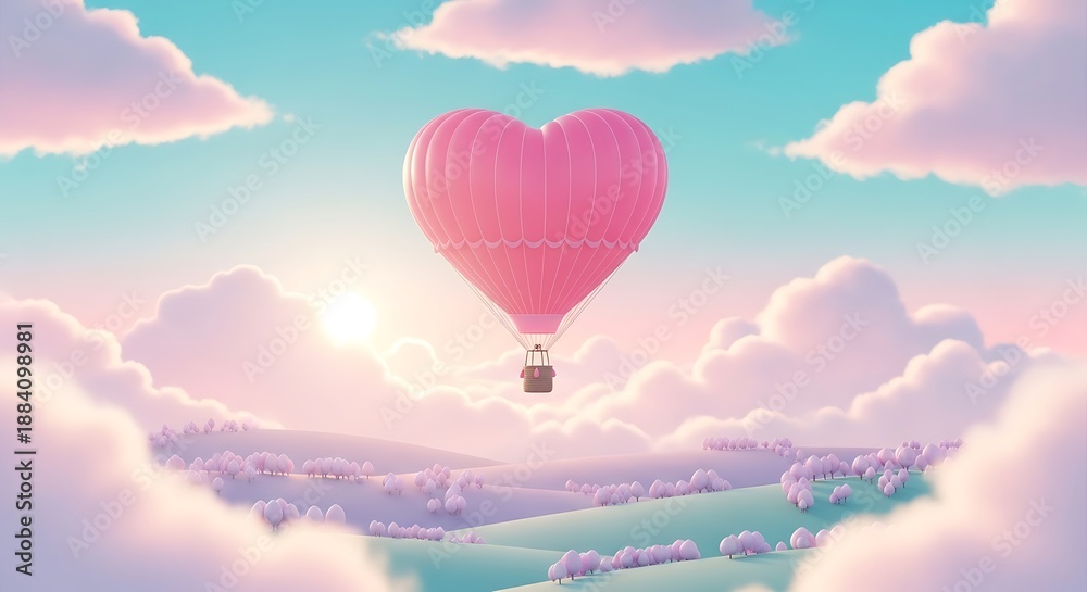 Obraz premium Heart shaped hot air balloon floats serenely amongst pastel clouds and sky