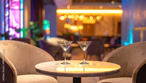 A moody and sleek luxury social club interior at night.