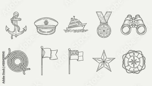 Nautical and maritime icons collection with anchor, ship, compass, and binoculars