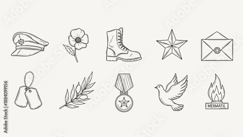 Collection of military and peace symbols in a hand-drawn outline style