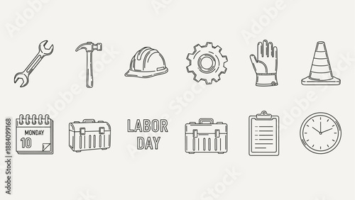 Labor Day icons set with tools, calendar, and safety equipment for holiday celebration