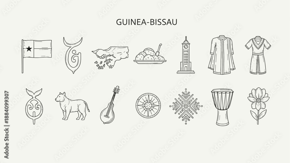Obraz premium Black and white Guinea-Bissau cultural icons including food, map, clothing, drum, and patterns.