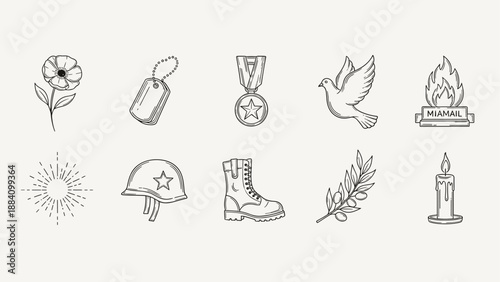 Collection of military and remembrance symbols in a clean line art style
