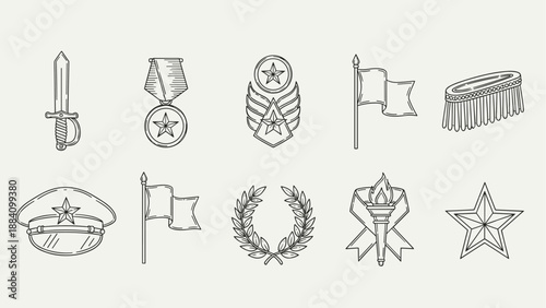 Collection of military and award icons in a clean, minimalist line art style