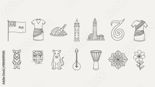 Fiji cultural icons and symbols in a line art style, a collection of national elements