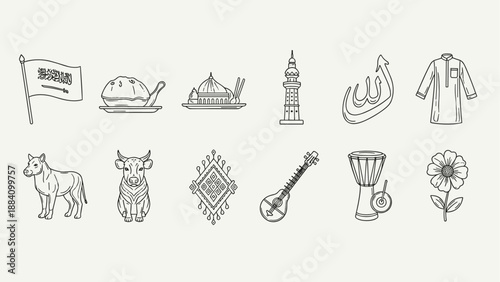 Saudi Arabian cultural icons and symbols in a line art illustration