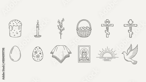 Collection of Easter and religious symbols in a minimalist line art style