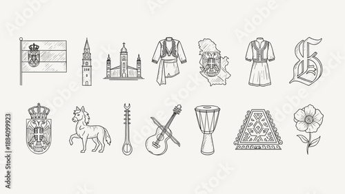 Collection of Serbian cultural symbols and landmarks in a hand-drawn sketch style