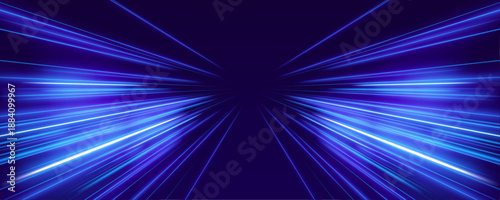 Panoramic high speed technology concept, light abstract background. Vector dark blue abstract background with ultraviolet neon glow, blurry light lines, waves.	