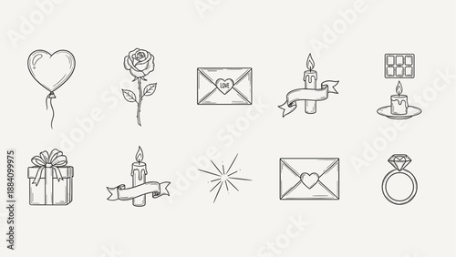 Collection of hand-drawn romantic icons for Valentine's Day and love celebrations