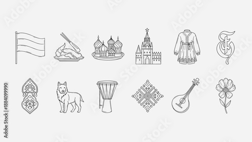 Collection of Russian cultural symbols and landmarks in a simple line art style