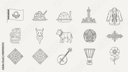 Collection of cultural symbols and icons from Central Asia, including traditional clothing and food
