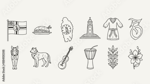 Collection of hand-drawn icons representing Dominican Republic culture and symbols