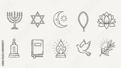 Collection of diverse religious and spiritual symbols in a clean line art style
