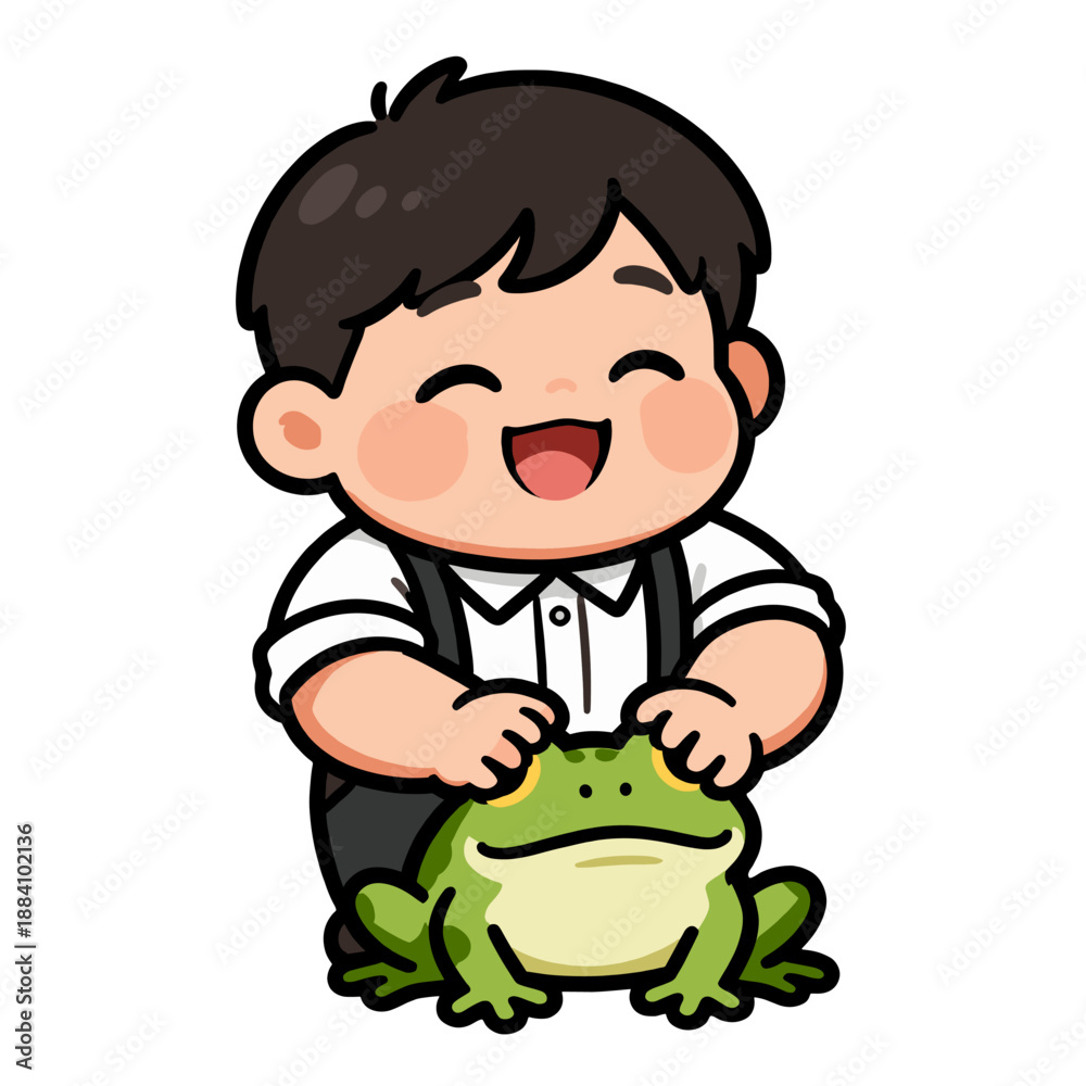 Obraz premium [Vector EPS]A cheerful boy playing with a green frog in a cute cartoon style