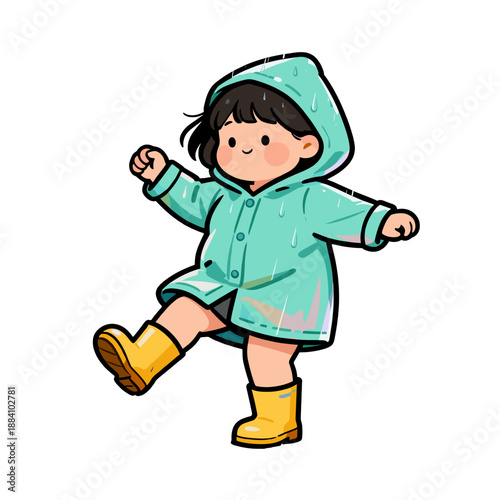 [Vector EPS]Cute little girl in raincoat and boots playing in the rain