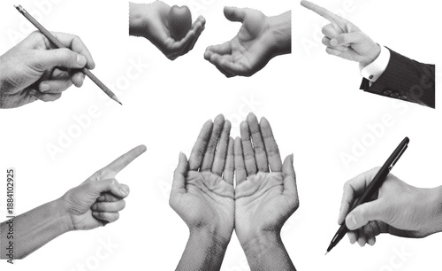 Halftone hands writing, pointing, and offering with pencil and pen