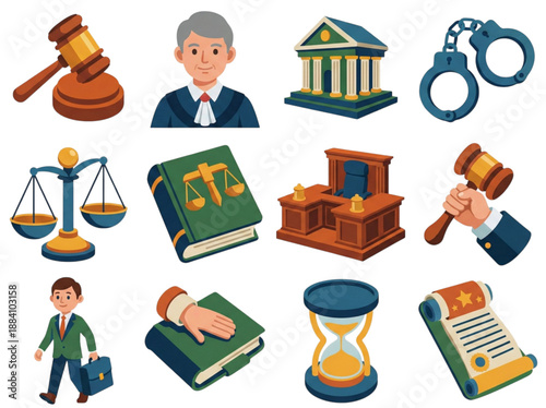 Flat vector illustration : various icons set collection law and justice, colourful symbol - legal system, judicial authority, civil rights, measurements concept