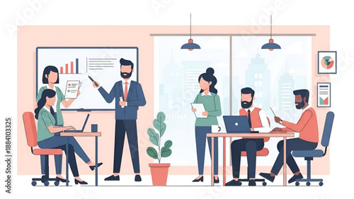 Diverse group of professional office workers collaborating, modern coworking space, leader presenting on whiteboard, colleagues - corporate teamwork, project planning, business strategy, partnership