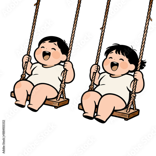 [Vector EPS]Two happy children swinging on a sunny day