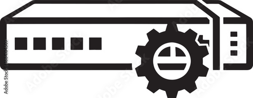 Black of a server rack with a gear symbol on the front cogwheel technology