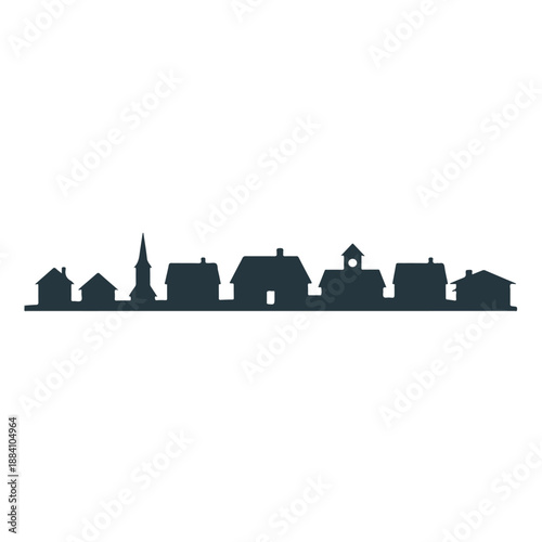Minimalist black silhouette of a small town street or village skyline on white background
