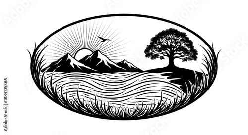 Vintage Engraved Mountain Lake Sunrise Landscape with Tree and Bird for Eco Tourism and Outdoor Design
